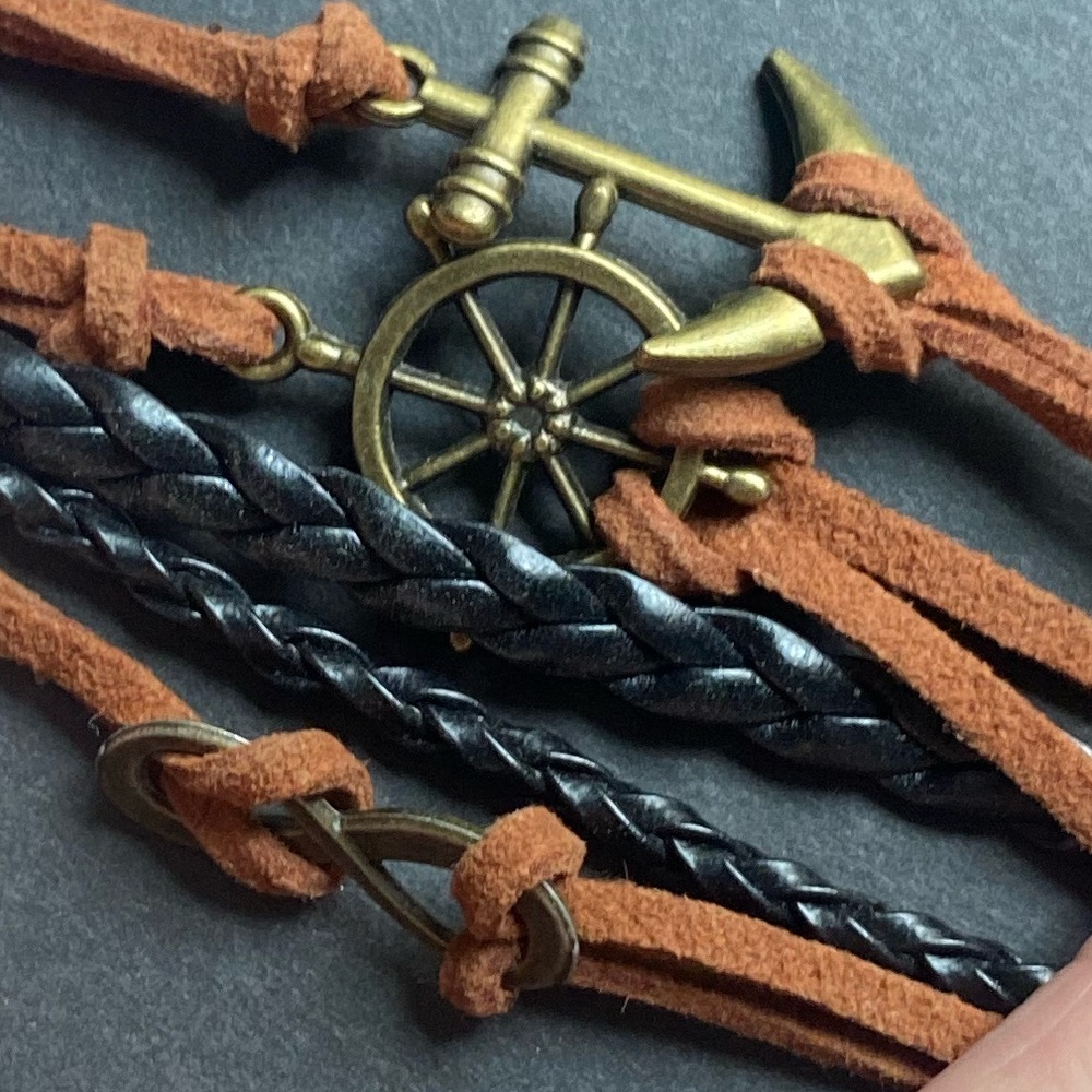 ⚠️ multi strand leather brown/black bracelet with anchor, infinity sign & wheel